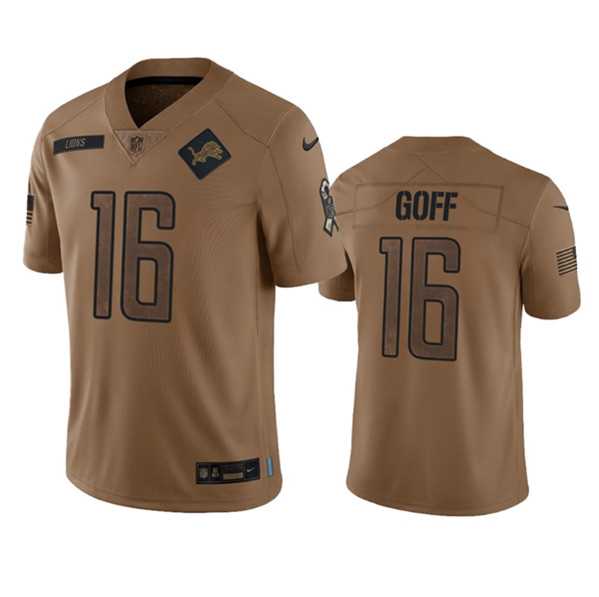 Men%27s Detroit Lions #16 Jared Goff 2023 Brown Salute To Service Limited Football Stitched Jersey Dyin